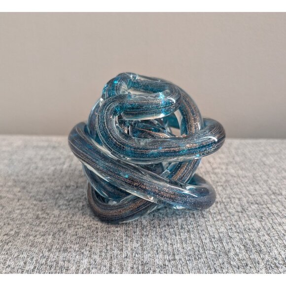 Art Glass Murano-Style Twisted/Infinity Knot Sculpture, Blue/Teal & Silver - Picture 2 of 4